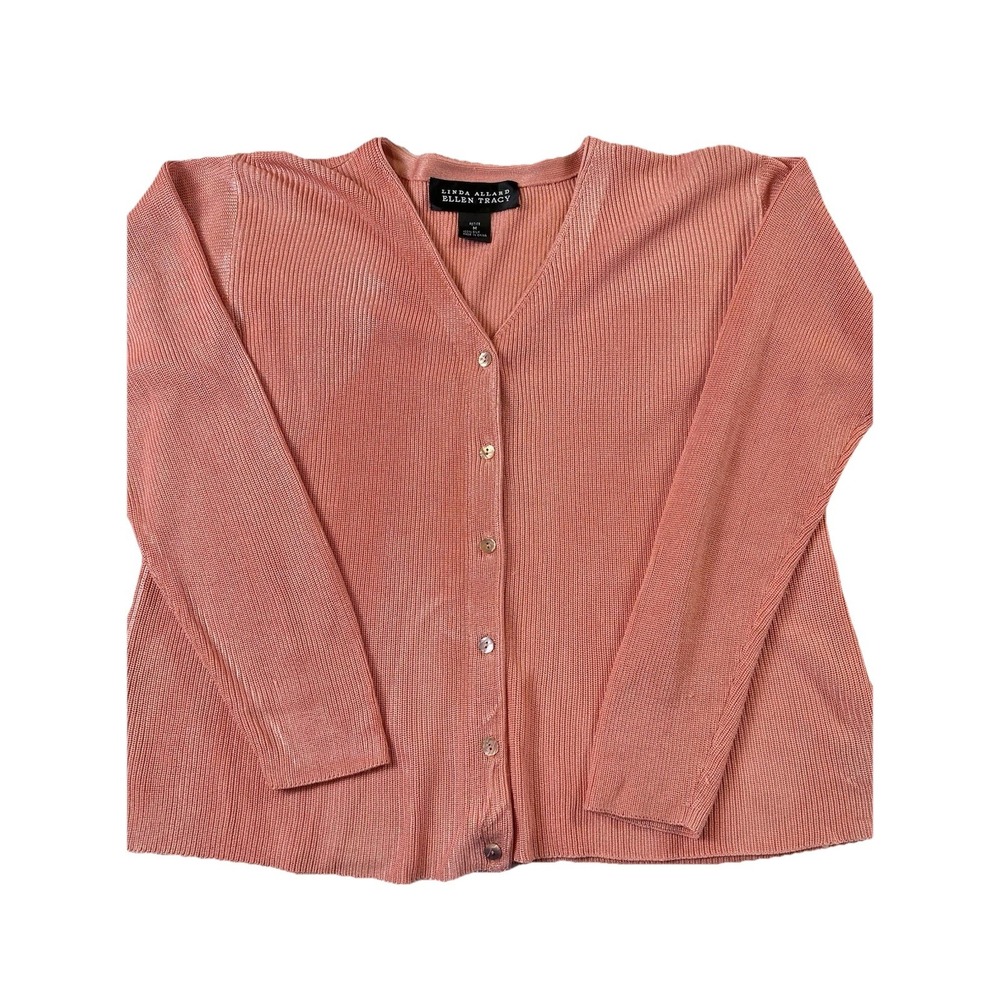 Linda Allard Ellen Tracy Silk Ribbed Knit Cardigan Coral/Pink Button V-Neck Sz M